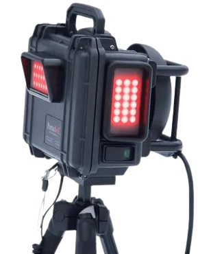 PortaBell receiver on stand at 45 degree angle with red lights on indicating rolling on a film set