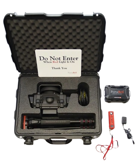 PortaBell wireless bell and light system kit in travel case with transmitter, receiver head, stand, and accessories
