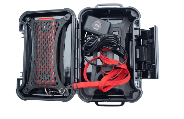 PortaBell transmitter in protective carry case with USB charger and cable