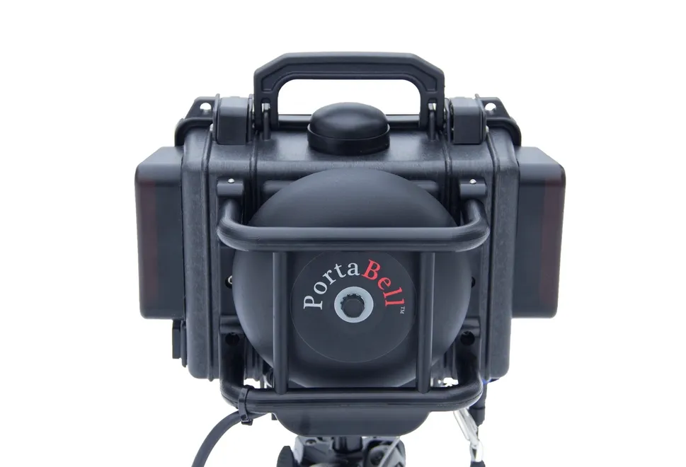 PortaBell receiver head rear view showing built-in bell and housing used for on-set rolling and cut signals