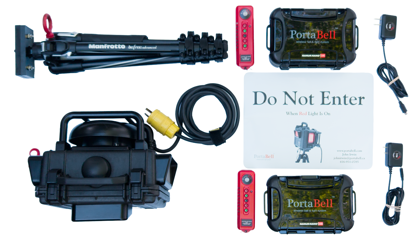 PortaBell primary rental kit with portable bell and light unit, stand, two wireless transmitters, two USB chargers, magnetic warning sign, cables, and protective travel cases.