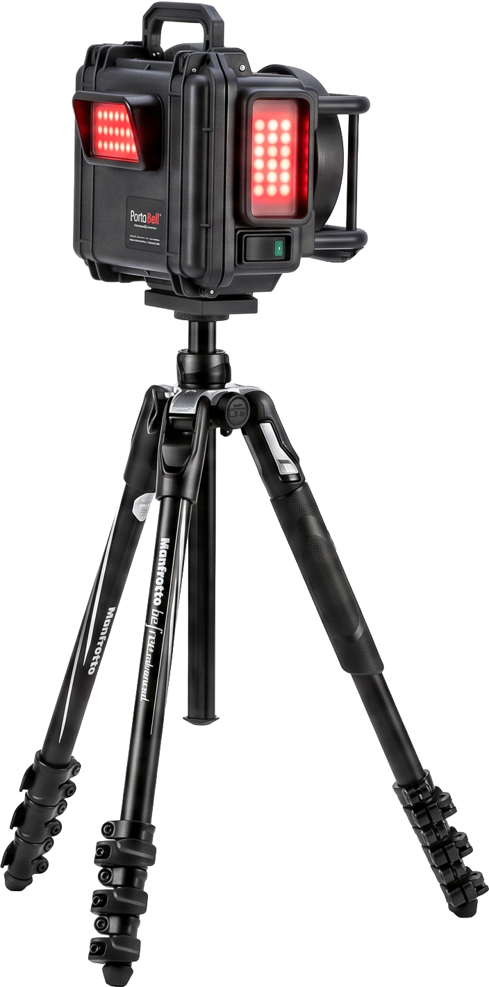 Portable PortaBell wireless bell and light system on tripod stand used to signal rolling and cut on film and television sets