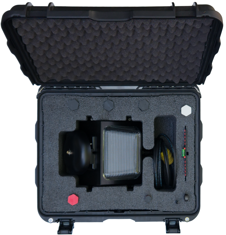 Wall-mounted PortaBell unit stored in a protective foam-lined carrying case with mounting hardware, alignment level, wrench, Allen key, and accessory tubes.